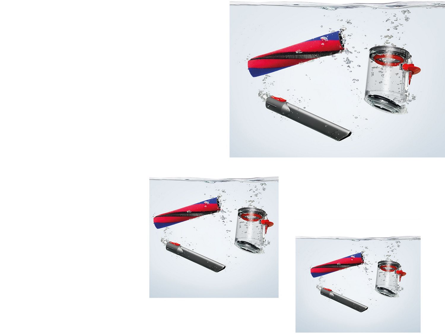 A range of Dyson floorcare machine parts immersed in water.